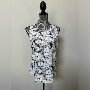 Paraphrase Floral Sleeveless Top - White and Eggplant Purple M